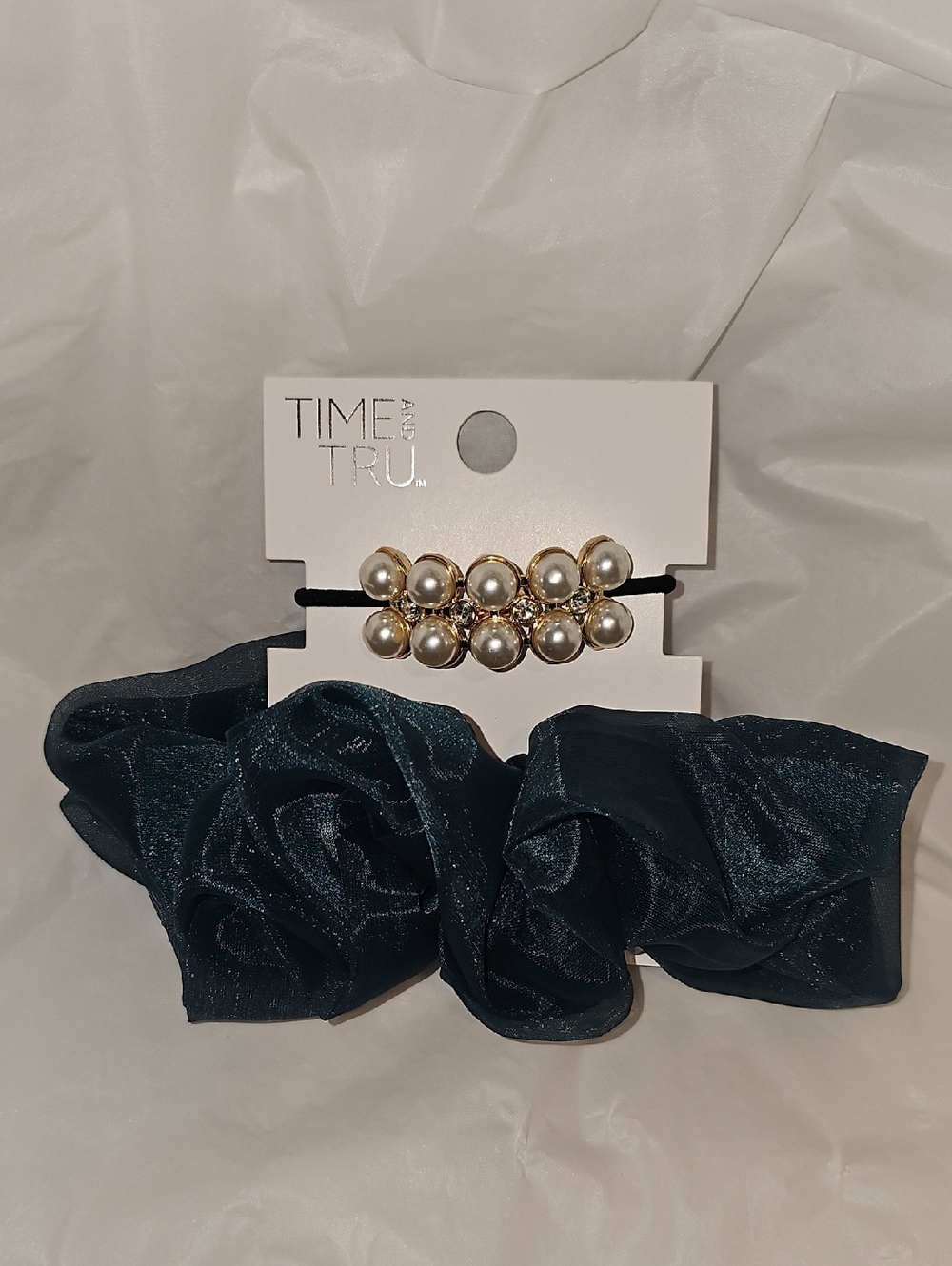 TIME AND TRU Hair Cuff Set Black HairTie with Faux Pearl Detail, Blue Scrunchie
